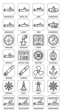 Collection of Maritime and Naval Icons: Submarines, Torpedoes, Periscopes, Anchors