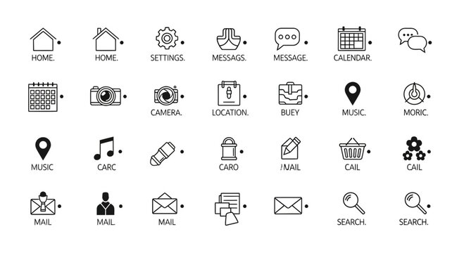Collection of minimalist icons for mobile apps and web design, simple line art.