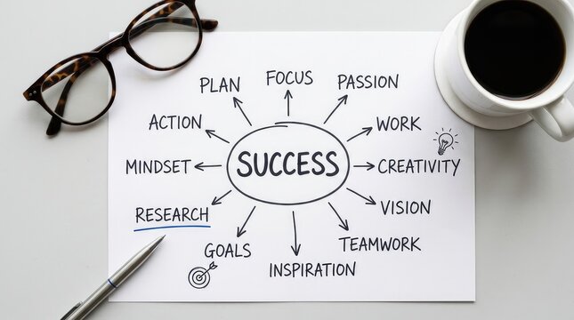Handwritten success mind map on white paper with black glasses and coffee on office desk