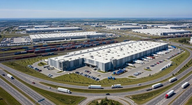 Expansive industrial logistics warehouse complex with loading docks and nearby railroad tracks under a clear blue sky