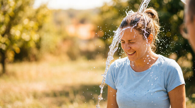 A woman finds refreshing relief as cool water cascades over her head, providing instant comfort and a joyful escape from extreme heat on a bright summer day