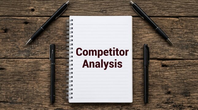 Spiral notebook with competitor analysis text surrounded by black pens on a rustic wooden surface