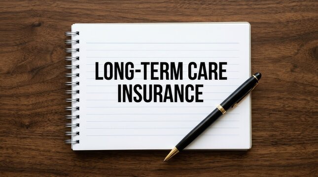 White spiral notebook showing long term care insurance text with a black luxury fountain pen