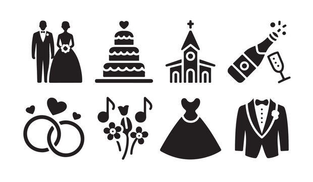 Wedding elements bride groom cake church champagne rings music dress suit vector set.
