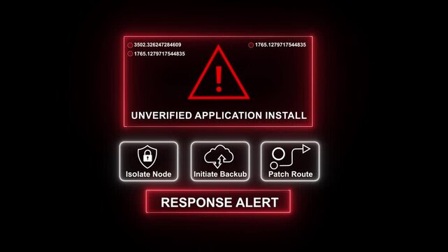 Cybersecurity alert interface featuring unverified application install warning with digital data streams, red warning triangle and interactive system control buttons for network security monitoring