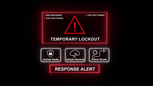 Cybersecurity temporary lockout warning interface with digital alert system, red warning triangle, data node isolation, cloud backup initiation, and network patch routing for tech security projects