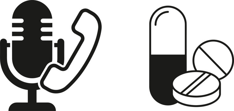 Medical Consultation Hotline Icon Set with Microphone, Telephone Receiver, Pill Capsule, and Tablets for Telehealth Apps and Pharmacy Call Center Designs