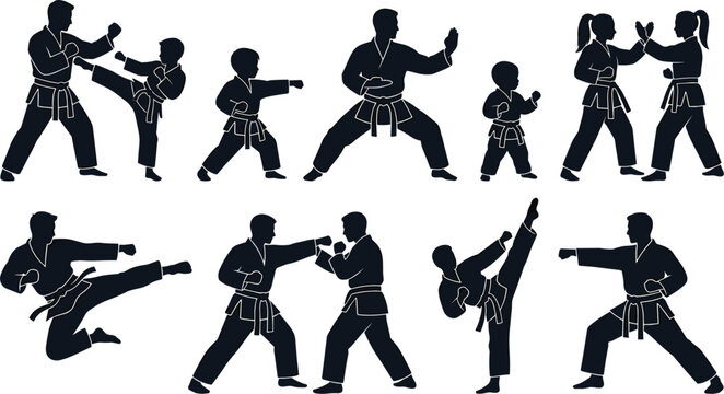 Martial Arts Silhouettes Set Featuring Adult and Kids Karate Sparring Kicks Punches and Training Poses for Gym Graphic Elements Vector Illustration Isolated on White Background
