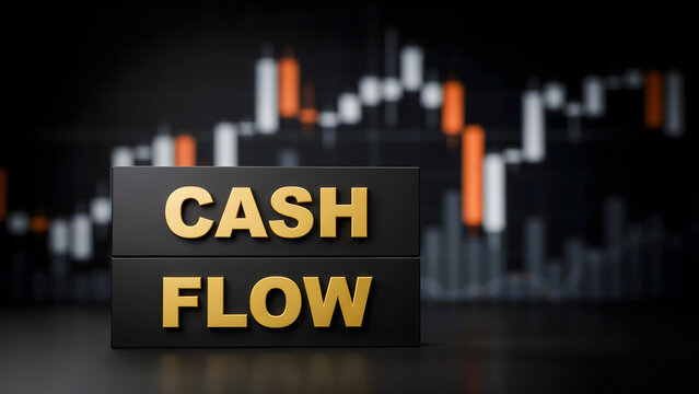 Gold cash flow text on a black block with a blurred stock market background