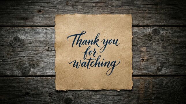 Elegant thank you for watching message written on vintage textured paper against dark rustic wood planks