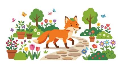 Fototapeten Zoo Cute cartoon fox walking on garden path with flowers, butterflies and birds  © jambu