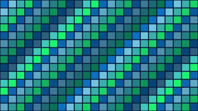 Abstract digital mosaic background, with shifting blue, and green square, tiles squares