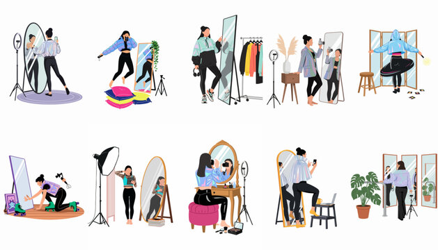 A set of flat illustrations featuring a young woman influencer and fashion blogger creating digital content using mirrors, cameras, and studio lighting equipment.
