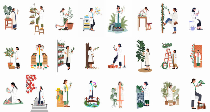 Vector illustration set of female botanists and plant scientists in white coats conducting research, studying various plants, flowers, and trees in diverse settings.