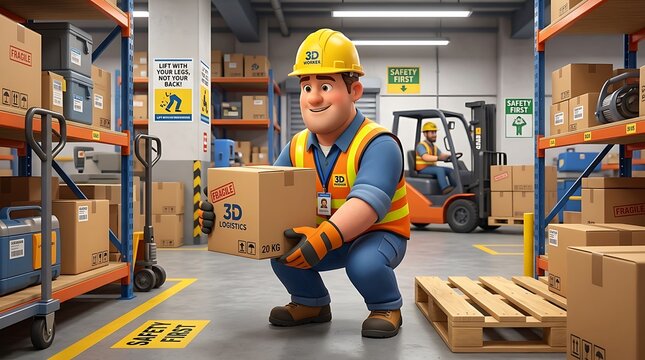 Warehouse Worker Lifting Box Safely with Proper Technique in Busy Logistics Center, Industry Logistics and Supply Chain Concept