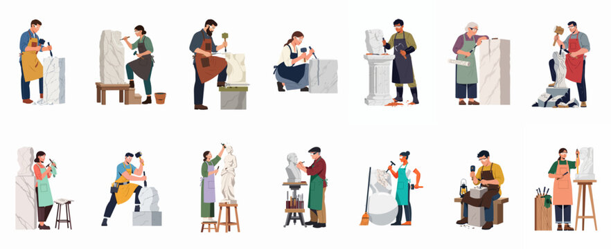 Collection of diverse sculptors in aprons and goggles carving stone statues and columns with hammers and chisels in a workshop setting.
