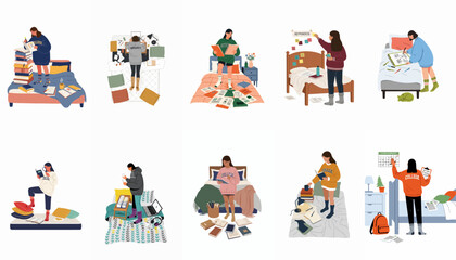 Fototapeta premium Collection of ten illustrations showing diverse young women studying and preparing for exams in their cozy but messy dorm rooms and bedrooms.