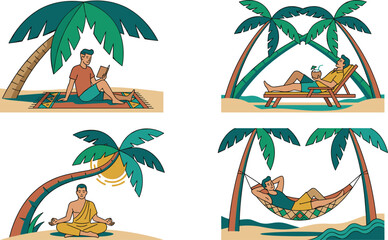 Summer Beach Vacation Vector Illustration Set with Man Relaxing in Hammock Lounging on Chair Reading Book and Meditating Under Palm Trees © MST