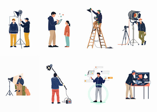 Vector Illustration Set of Professional Film Crew Members Performing Various Roles on a Movie Production Set