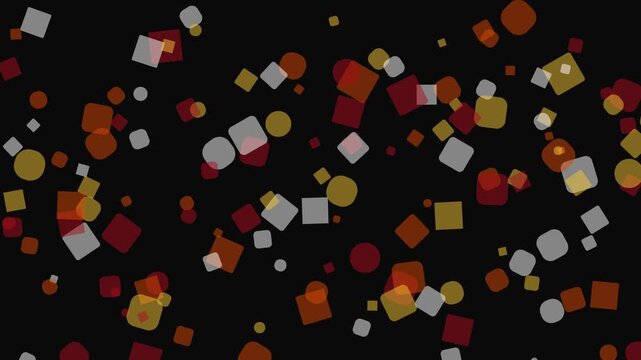Abstract floating geometric shapes motion background, red and gold particles overlay
