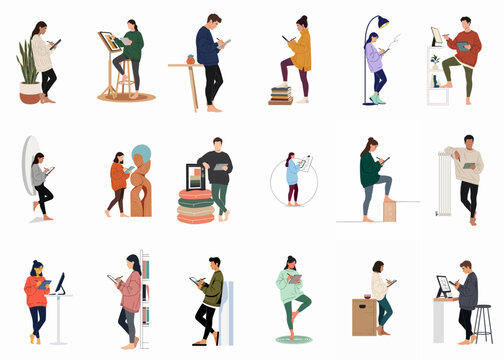Diverse collection of creative illustrators and digital artists working on tablets and computers in various casual poses.