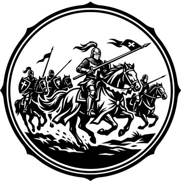 Knights Templar cavalry charge with flags in circular emblem, medieval warriors on horseback
