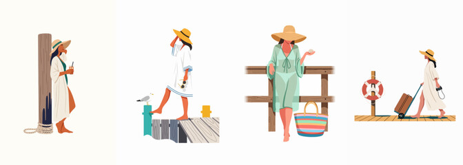 Set of four flat vector illustrations featuring women in summer beachwear on a pier, showcasing themes of vacation, travel, and coastal relaxation. © Oliver