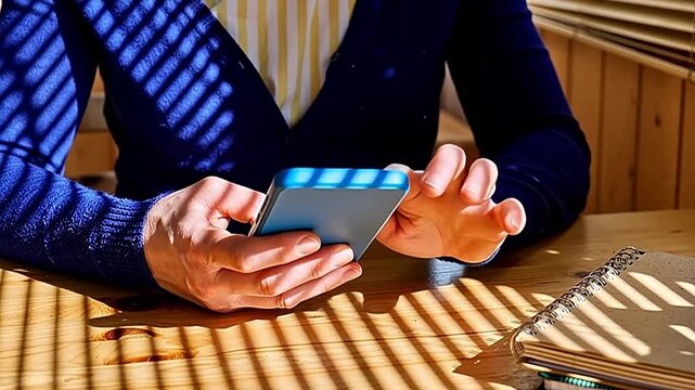 Person using smartphone at table
