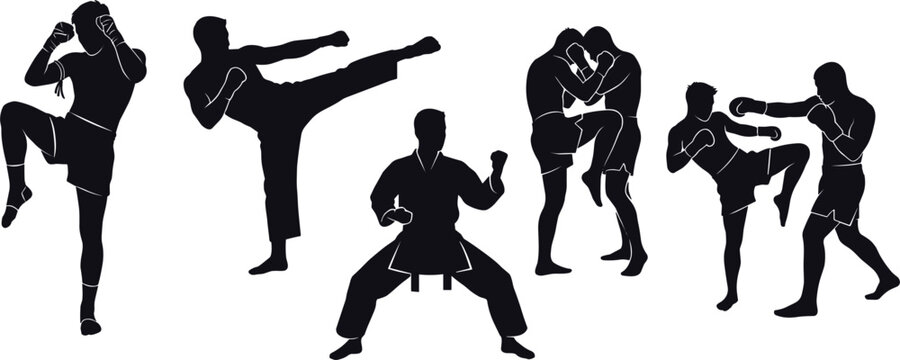 Muay Thai Kickboxing and Karate Silhouettes Featuring High Kicks Knee Strikes and Sparring Poses for Mixed Martial Arts Gym Designs Vector Illustration Isolated on White Background