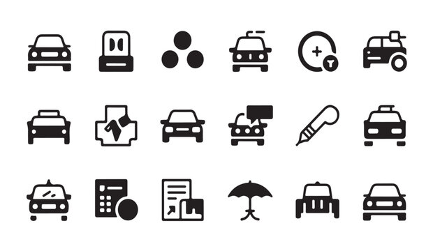 Set of modern flat vehicle icons featuring cars charts speech bubbles and miscellaneous symbols.