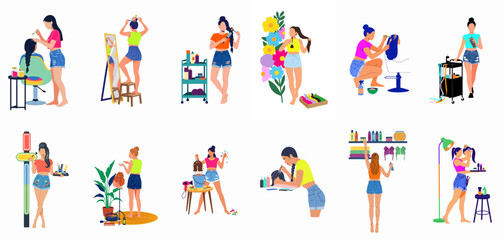 Fototapeta premium Flat vector illustration set of women at a hair salon performing various beauty treatments, hairstyling, and using professional equipment.