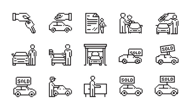 Pixel art car sales icons set showing dealership process customer service and sold vehicle signs.
