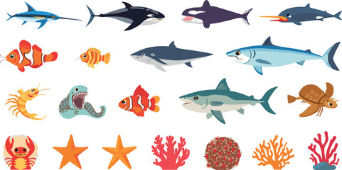 Sea Creatures and Marine Life Vector Set with Shark, Whale, Clownfish, Sea Turtle, Starfish, and Coral Reef Elements for Educational Graphic Design Illustration © rumi