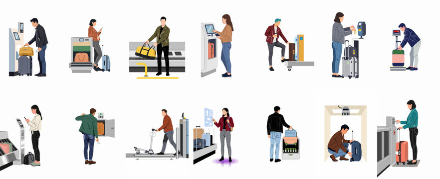 Flat illustration set of travelers using various airport self-service kiosks, baggage check-ins, security scanners, and digital interfaces for a seamless travel experience.