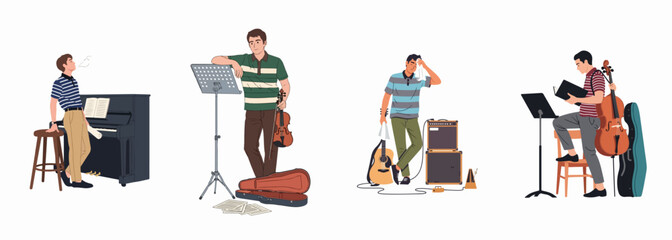 Set of male musicians practicing and resting with piano, violin, guitar, and cello instruments, exhausted from training session, flat vector illustration. © Wohlu