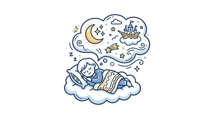 Fototapeta premium Child sleeping on cloud dreaming of a castle.