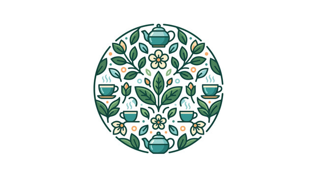 Circle pattern of tea leaves and teapots.