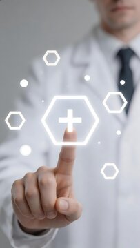 Medical professional interacting with a digital health interface featuring a glowing plus symbol and hexagonal elements.