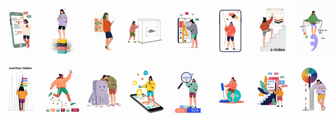 Fototapeta premium Set of metaphorical illustrations depicting web development and CSS concepts like flexbox, z-index, and debugging with a female programmer character.