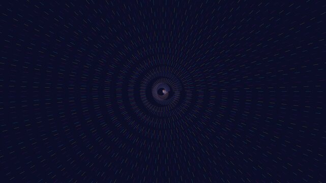 Abstract hypnotic tunnel with glowing neon particles and radial motion background