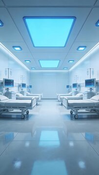 Modern hospital ward with multiple patient beds, medical equipment, and bright blue lighting