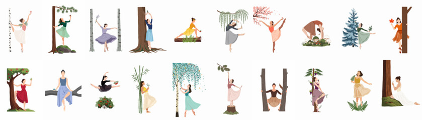 Collection of illustrations featuring ballet dancers gracefully posing and interacting with various trees and elements of nature in a flat vector style. © Oliver