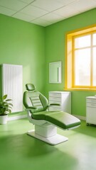 Fototapeta premium Modern dental examination room with green walls, patient chair, and medical equipment
