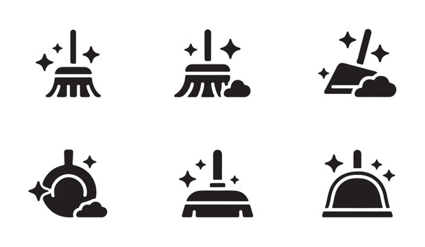 Sparkle cleaning icons with broom and dustpan silhouettes for professional hygiene service.