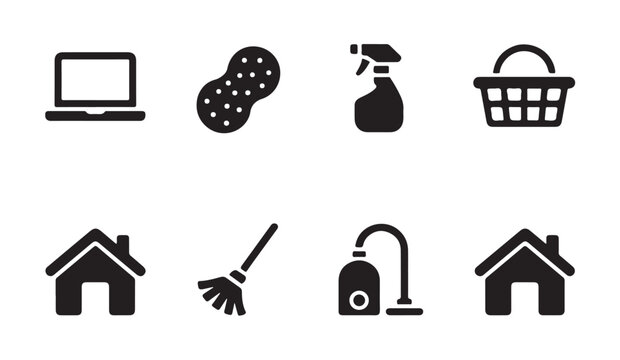 Cleaning and household chores vector icon set. simple black house cleaning tools.