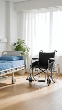Hospital room with bed and wheelchair near window
