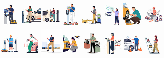 Fototapeta premium Flat vector illustrations of diverse professionals managing autonomous electric taxi fleets, including vehicle maintenance, charging, and smart city transportation monitoring services.