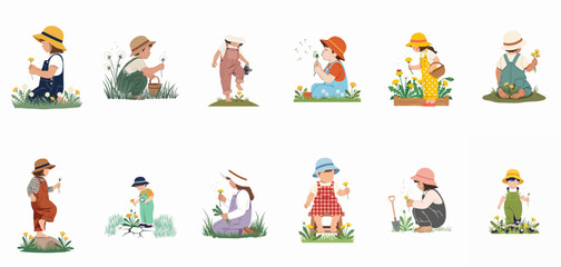 Fototapeta premium Vector illustrations of young children in overalls and hats playing with, picking, and blowing dandelions in a spring meadow on white background.
