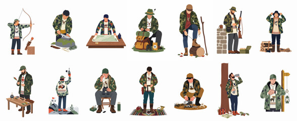 Flat vector collection of men in camouflage gear participating in various outdoor activities such as hunting, archery, hiking, and camping. © Oliver