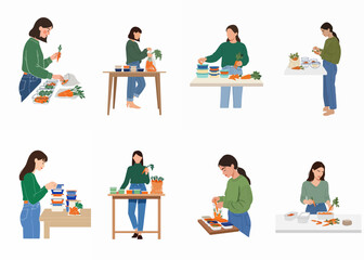 Fototapeta premium Set of vector illustrations showing a young woman preparing healthy meals and packing food containers with fresh vegetables for organized meal planning.